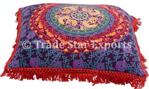 Indian Cotton Square Mandala Fringes Cushion Case - Image 2