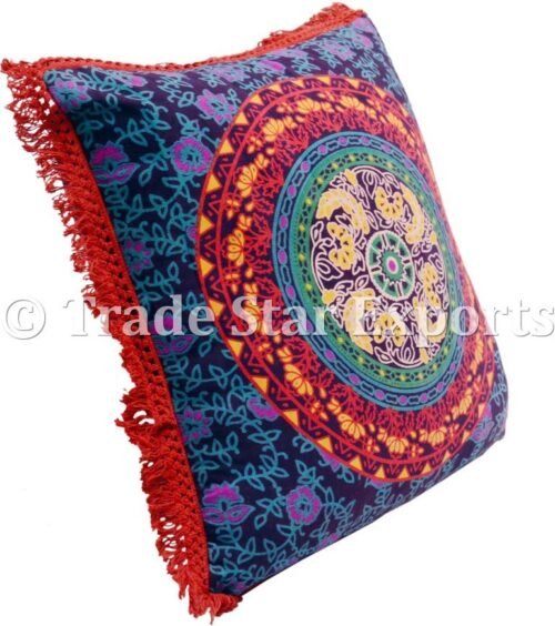 Indian Cotton Square Mandala Fringes Cushion Case - Image 3