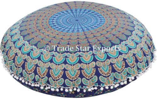 Round Mandala Meditation Blue Pouf Cover - Image 2