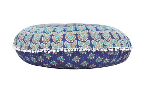 Round Mandala Meditation Blue Pouf Cover - Image 4