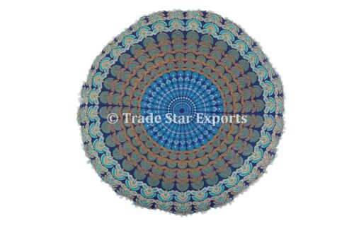 Round Mandala Meditation Blue Pouf Cover - Image 5