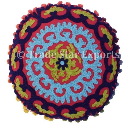 Decorative Suzani Round Cotton Picnic Cushion Cover - Image 2
