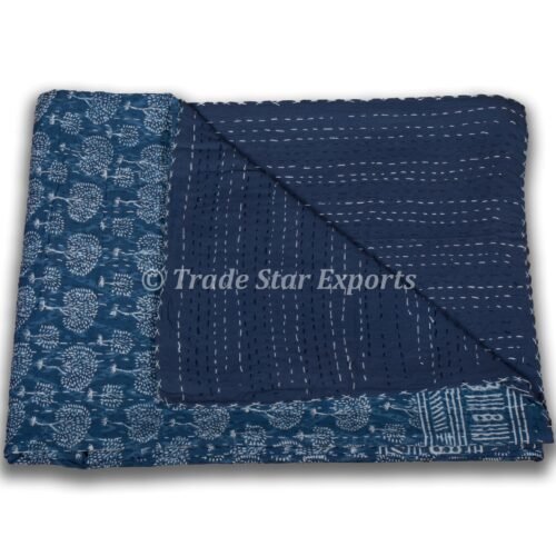 Indigo Block Print Handmade Quilted Bedspread - Image 2