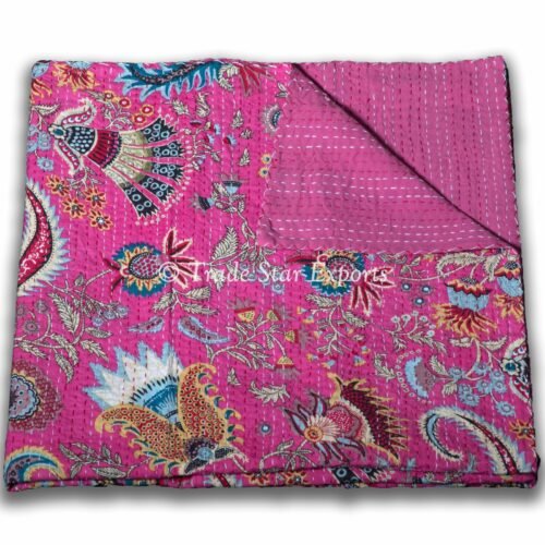 Reversible Twin Kantha Embroidery Floral Blanket - Image 2