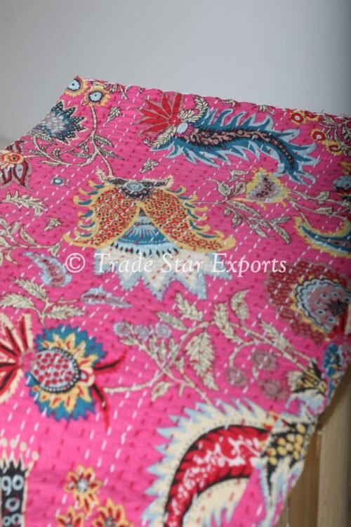 Reversible Twin Kantha Embroidery Floral Blanket - Image 6