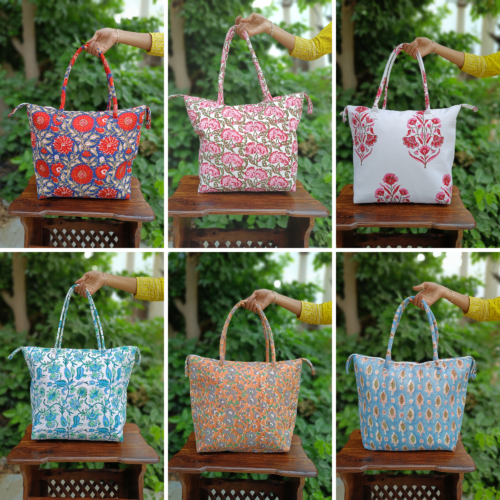 Indian Hand Block Printed Tote Bag With Zipper Large Cotton Womens Shoulder Bag