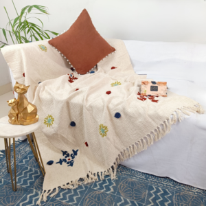 Floral Fantasy: Cotton Handloomed Embroidered Throw Blanket for House Furnishing