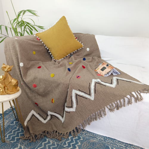 Chic and Snug Throw Blanket Pom Pom Accent Handloomed Cotton Embroidered Throw
