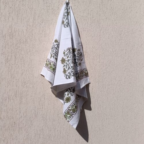 Hand Block Printed Cotton Waffle Towel Set Floral Print Bath Towel Set