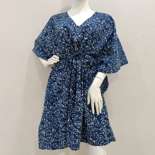 Indigo Floral Pattern Kaftan Natural Dyed Hand Block Print Free Size