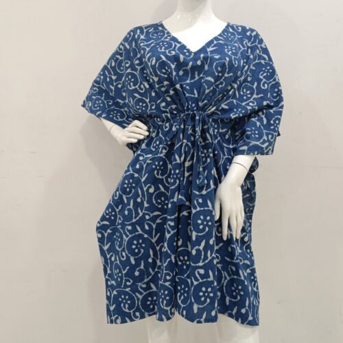 Indigo Floral Pattern Kaftan Natural Dyed Hand Block Print Free Size