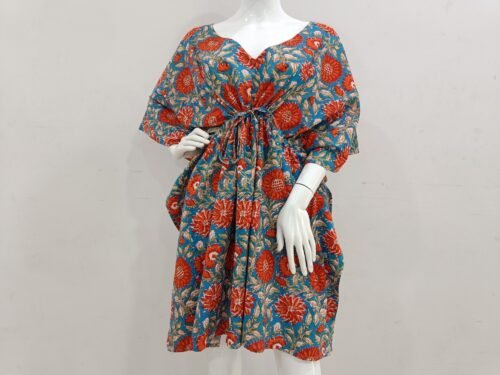 Bohemian Floral Pattern Soft Cotton Hand Block Print Kaftan Dress