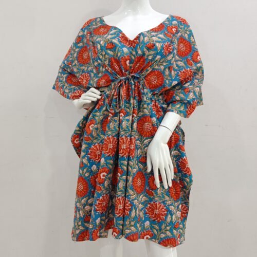 Bohemian Floral Pattern Soft Cotton Hand Block Print Kaftan Dress