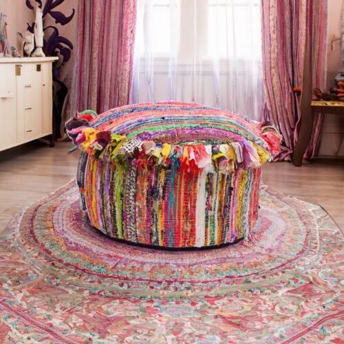 Recycled Rag Rug Pouf Cover : A Versatile Piece of Decor That Can Be Used as a Footrest, Extra Seat, or Table