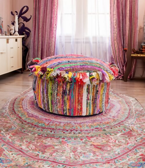 Recycled Rag Rug Pouf Cover A Versatile Piece of Decor That Can Be Used as a Footrest Extra Seat or Table
