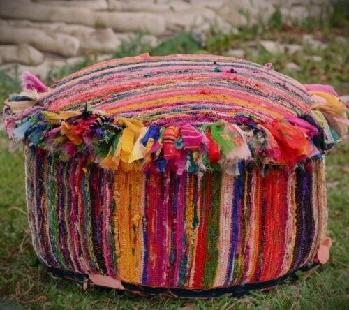Recycled Chindi Pouf Cover A Unique and Handmade Piece of Art Handloomed Chindi Rag Rug Pouf Cover