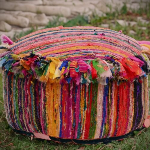 Recycled Chindi Pouf Cover: A Unique and Handmade Piece of Art-Handloomed Chindi Rag Rug Pouf Cover