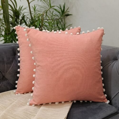 Pom Pom Design Solid Pink Color Canvas Cushion Covers for Home Furnishing 18X18 Inches