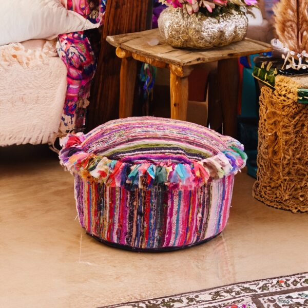 Recycled Chindi Pouf Cover: A Unique and Handmade Piece of Art-Handloomed Chindi Rag Rug Pouf Cover