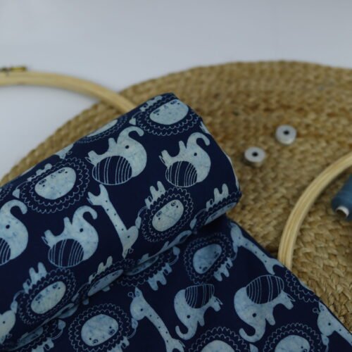 Baby Elephant-Giraffe Block Printed Cotton Fabric In Blue - Image 5