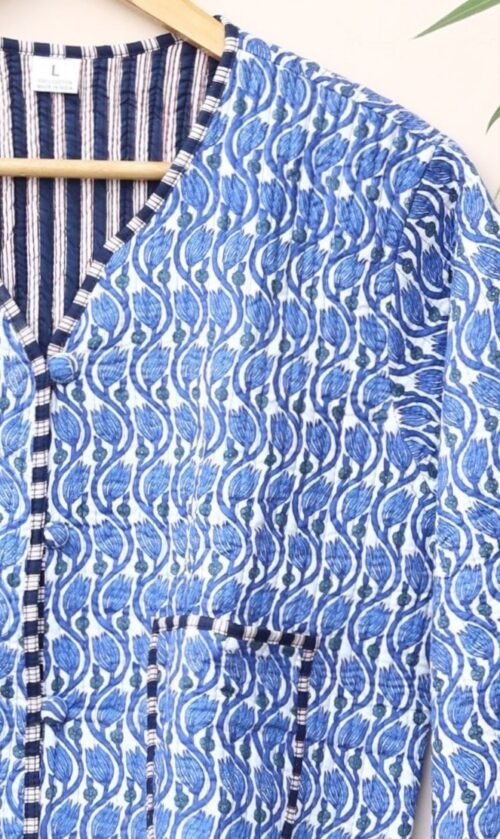 Blue Geometric Cotton Quilted Jacket Warmth and Comfort - Image 2