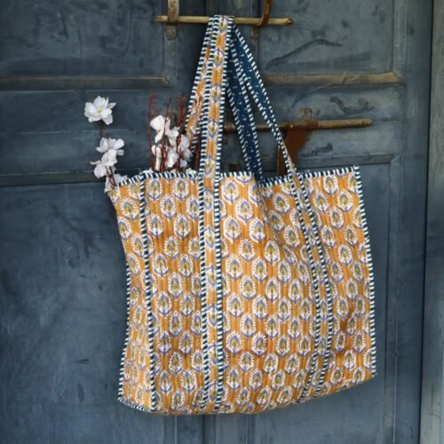 Small Buta Block Printed Cotton Quilted Tote Bag With Comfortable Straps - Image 3