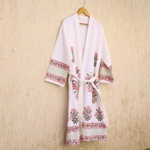 Fashionable 100% Cotton Waffle Hand Block Printed Bathrobes - Image 4