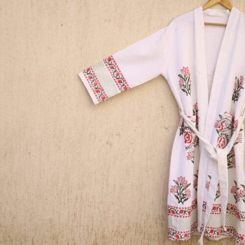 Fashionable 100% Cotton Waffle Hand Block Printed Bathrobes - Image 3