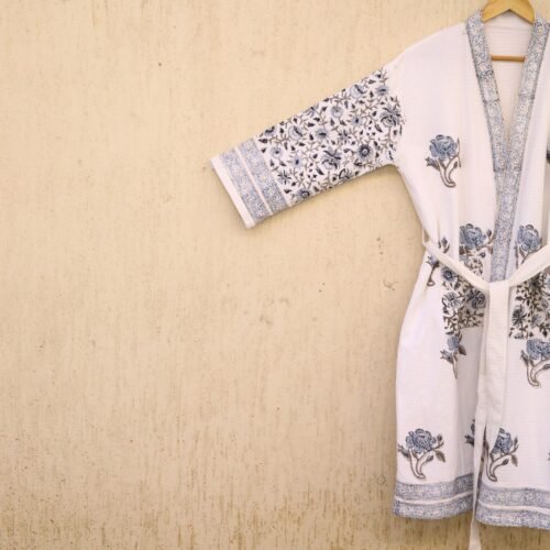 Blue Rose Floral Buta Pattern Block Printed Cotton Bathrobes Free Size Unisex Waffle Bathrobes - Image 4