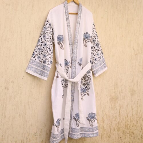 Blue Rose Floral Buta Pattern Block Printed Cotton Bathrobes Free Size Unisex Waffle Bathrobes - Image 6