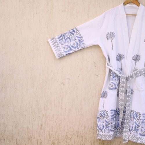 Cozy Comfort Beautiful Blue Floral Patterned Block Printed Cotton Bathrobes Fast Absorbent Waffle Bathrobes - Image 3