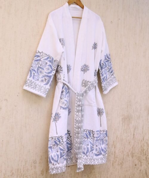 Cozy Comfort Beautiful Blue Floral Patterned Block Printed Cotton Bathrobes Fast Absorbent Waffle Bathrobes - Image 7