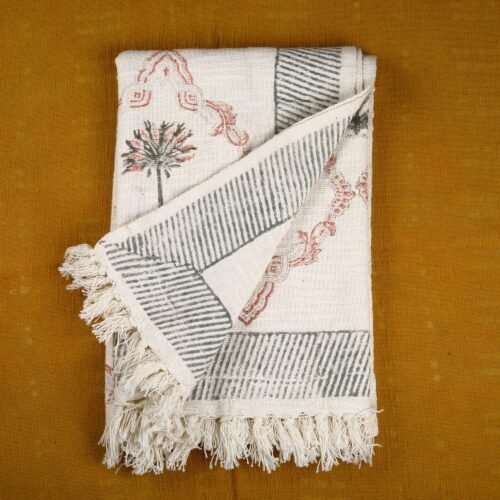 Meticulous Handcrafted Block Printed Cotton Throw In Old Style Mosaic Buta Jaal In Grey-Pink - Image 5