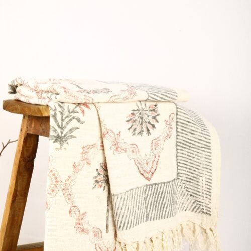 Meticulous Handcrafted Block Printed Cotton Throw In Old Style Mosaic Buta Jaal In Grey-Pink - Image 6