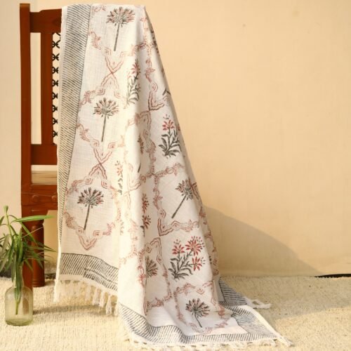 Meticulous Handcrafted Block Printed Cotton Throw In Old Style Mosaic Buta Jaal In Grey-Pink - Image 2