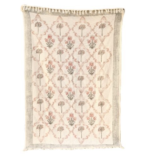 Meticulous Handcrafted Block Printed Cotton Throw In Old Style Mosaic Buta Jaal In Grey-Pink - Image 7