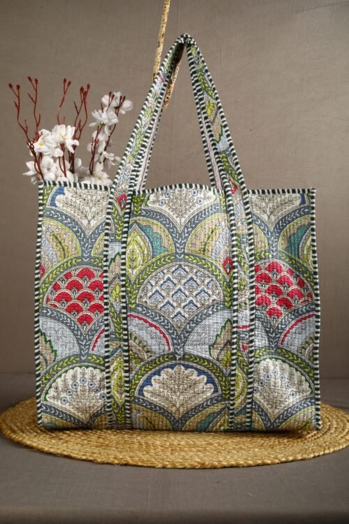 Boho Chic Handmade Cotton Quilted Tote Bag In Multicolored - Image 5