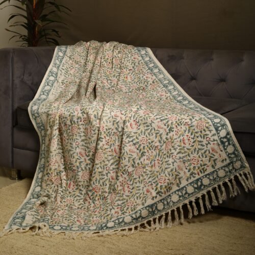 Beautiful Timeless Beauty Floral Jaal Block Printed Cotton Throw In Multicolored - Image 7