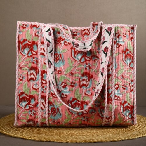 Eye-Catching Lotus Bloom Printed Cotton Tote Bag In Soft Pink - Image 2