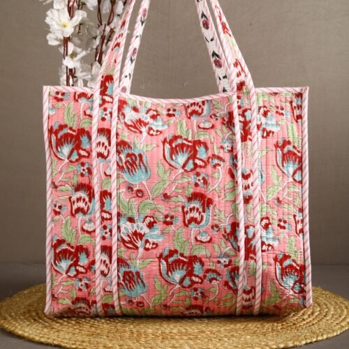 Eye-Catching Lotus Bloom Printed Cotton Tote Bag In Soft Pink - Image 4