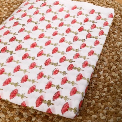 Beautiful Red Bloom Hand Block Printed Cotton Fabric - Image 3