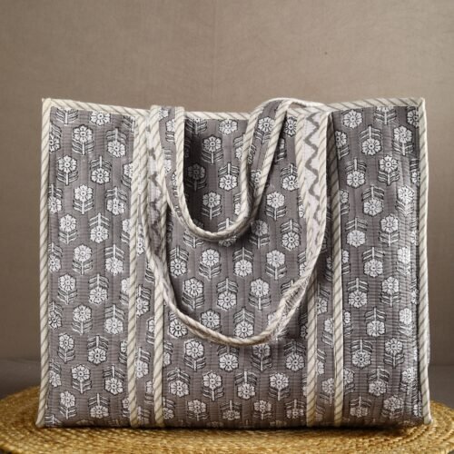 Hand-Crafted Small Floral Buti Block Printed Cotton Quilted Tote Bag In Grey - Image 3