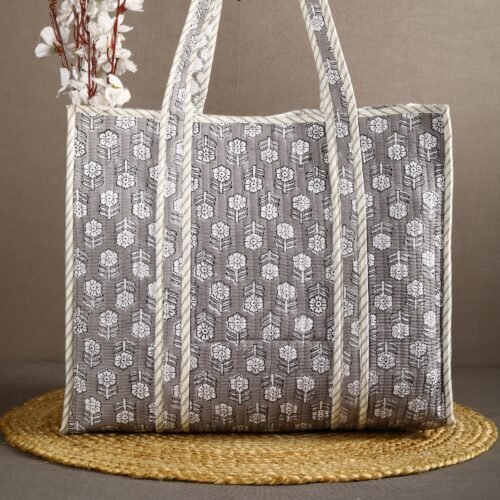 Hand-Crafted Small Floral Buti Block Printed Cotton Quilted Tote Bag In Grey - Image 2