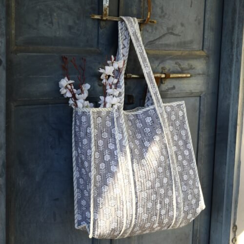 Hand-Crafted Small Floral Buti Block Printed Cotton Quilted Tote Bag In Grey - Image 5