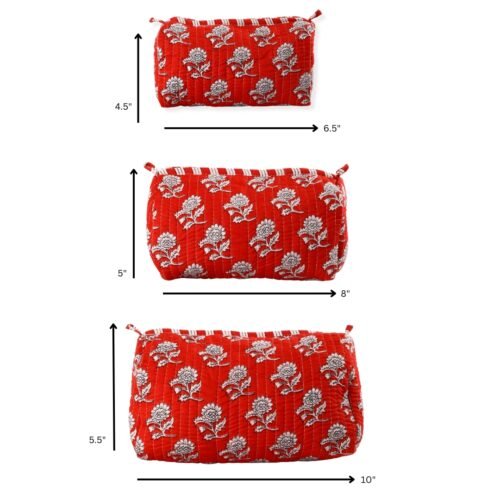 Red Floral Cotton Quilted Toiletry Pouches In Set Of 3 Travel Storage Cases - Image 10