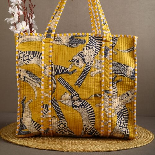 Caty Nap Printed Cotton Quilted Tote Bag In Yellow - Image 4