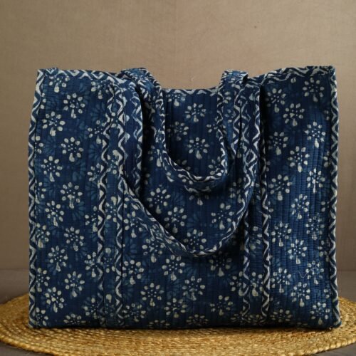 Indian Style Small Buti Block Printed Cotton Quilted Tote Bag In Indigo - Image 3