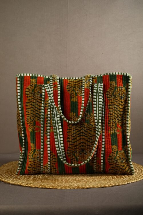 Everyday Wear Tiger Print Cotton Velvet Quilted Tote Bag In Orange Green - Image 3