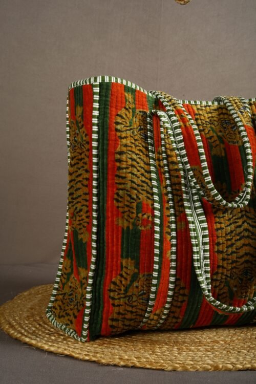 Everyday Wear Tiger Print Cotton Velvet Quilted Tote Bag In Orange Green - Image 2