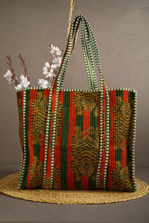 Everyday Wear Tiger Print Cotton Velvet Quilted Tote Bag In Orange Green - Image 4